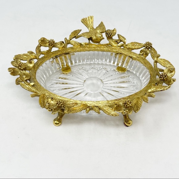 Vintage MATSON Brass Bird Dogwood Flowers Dish